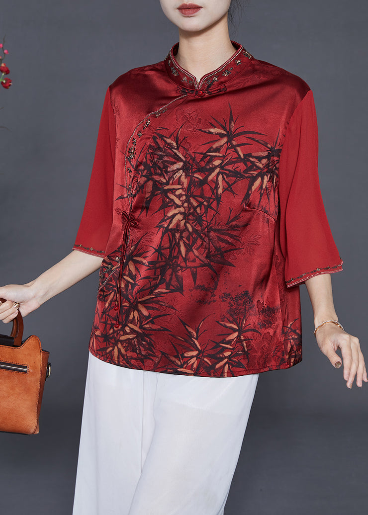 Red Print Silk Oriental Shirt Tasseled Embroidered Summer