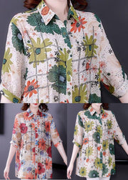 Red Print Silk Shirt Top Turn-down Collar Zircon Short Sleeve