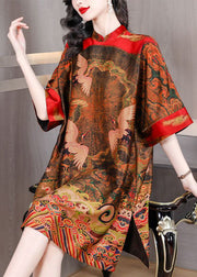 Red Print Silk Vacation Dresses Stand Collar Side Open Half Sleeve