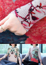 Red Print Soft Woolen Short Sweater Half Hign Neck Spring