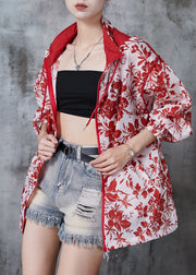 Red Print Spandex Hoodie Coat Oversized Fall