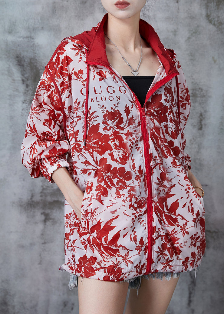 Red Print Spandex Hoodie Coat Oversized Fall