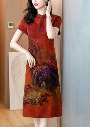 Red Print Vintage Silk Long Dress Tasseled Side Open Summer