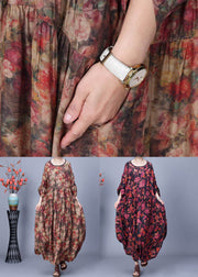 Red Print Wrinkled Silk Maxi Dress O Neck Bracelet Sleeve