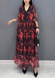 Red Ruffled Patchwork Tie Waist Chiffon Long Dress Half Sleeve