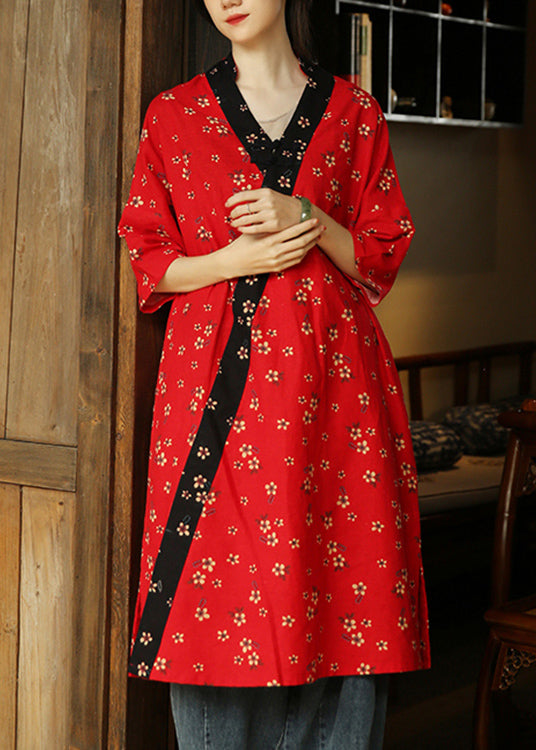 Red Side Open Patchwork Cotton Dress V Neck Half Sleeve