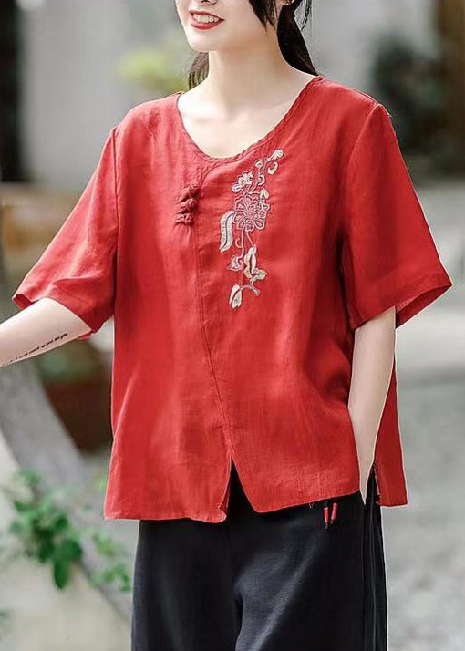 Red Side Open Patchwork Cotton T Shirt Embroideried Short Sleeve