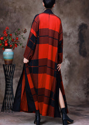 Red Side Open Plaid Coats Long Sleeve