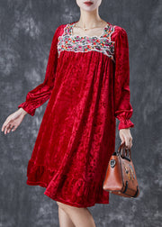 Red Silk Velour Holiday Dress Square Collar Embroidered Fall