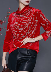 Red Silm Fit Silk Velour Top Turtle Neck Zircon Spring