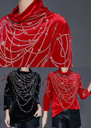 Red Silm Fit Silk Velour Top Turtle Neck Zircon Spring