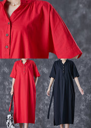 Red Slim Fit Cotton Shirt Dress Tie Waist Button Summer