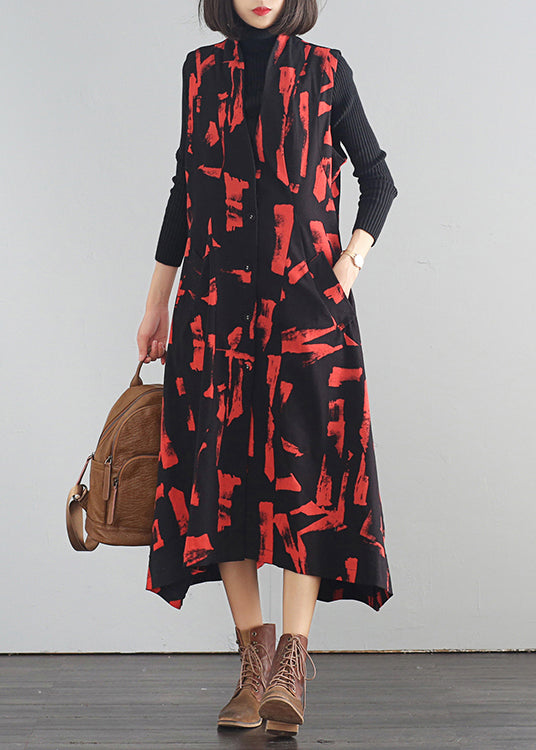 Red Stand Collar Button Cotton Long Dresses Fall