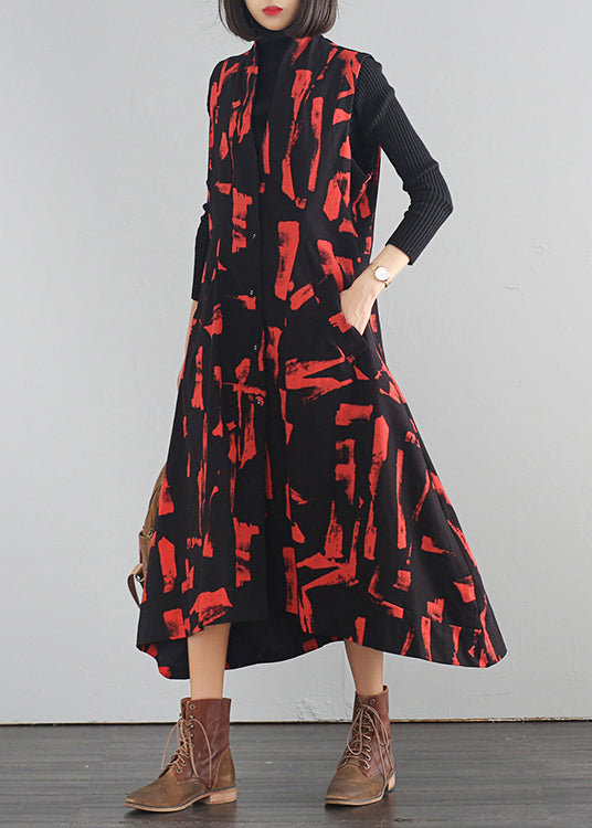 Red Stand Collar Button Cotton Long Dresses Fall