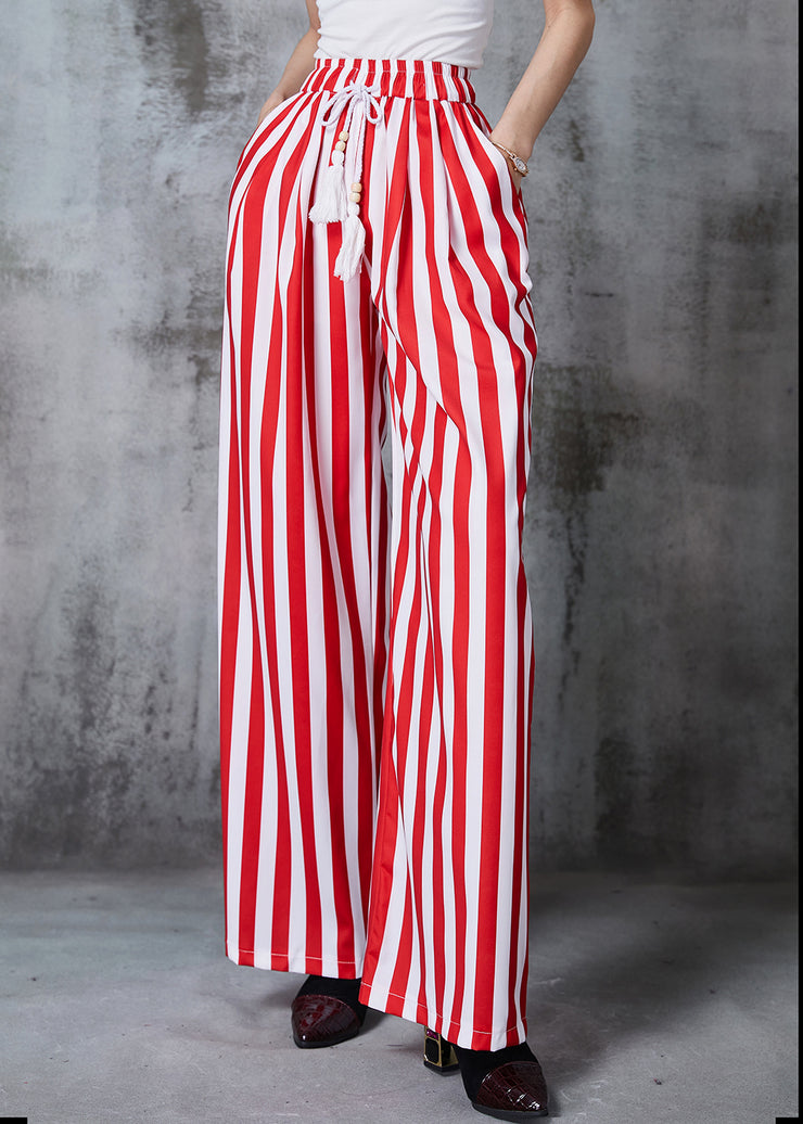 Red Striped Cotton Wide Leg Pants Tasseled Summer