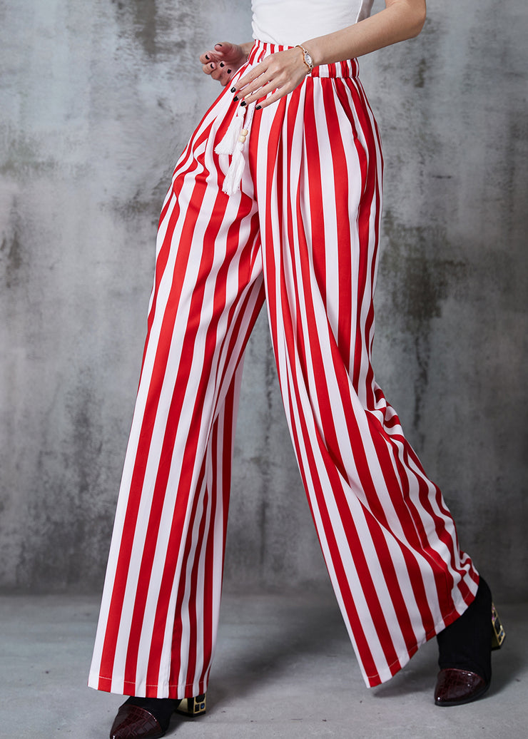 Red Striped Cotton Wide Leg Pants Tasseled Summer