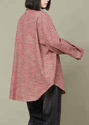 Red Striped Pockets Cotton Shirt Peter Pan Collar Long Sleeve