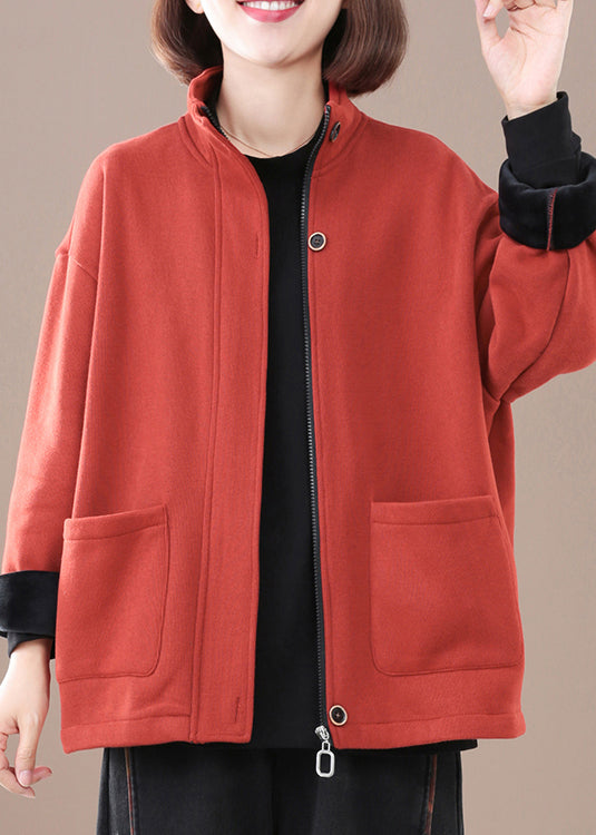 Red Thick Warm Fleece Jacket Zip Up Pockets Winter