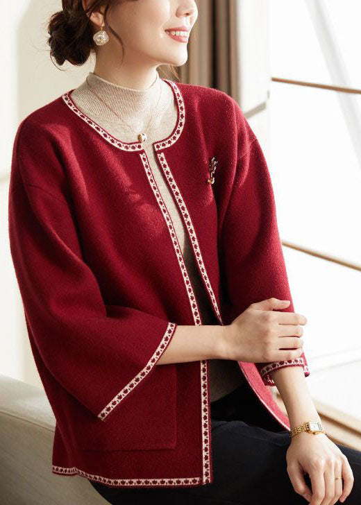 Red Thick Woolen Loose Cardigans O-Neck Bracelet Sleeve