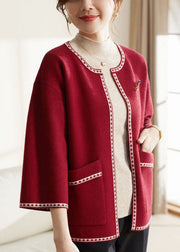 Red Thick Woolen Loose Cardigans O-Neck Bracelet Sleeve