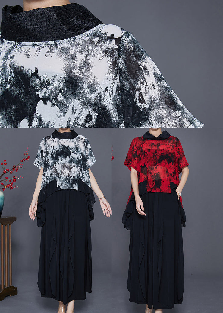 Red Tie Dye Chiffon Two Pieces Set High Neck Ruffles Summer