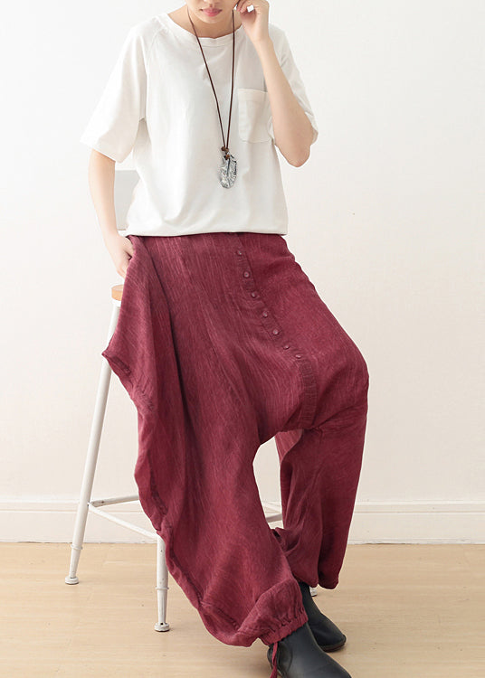 Red Tie Dye Cotton Harem Pants Asymmetrical Button Fall