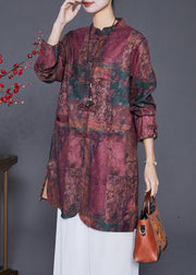 Red Tie Dye Linen Long Shirts Chinese Button Fall