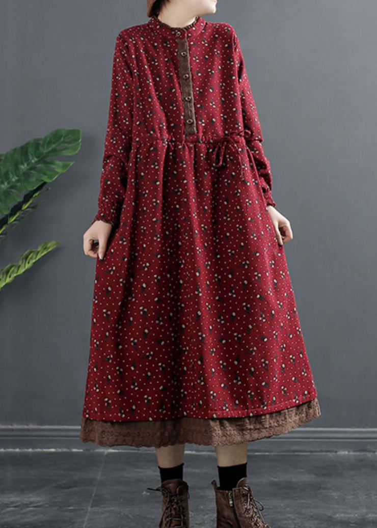 Red Tie Waist Lace Patchwork Fleece Dress O Neck Winter