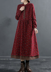 Red Tie Waist Lace Patchwork Fleece Dress O Neck Winter