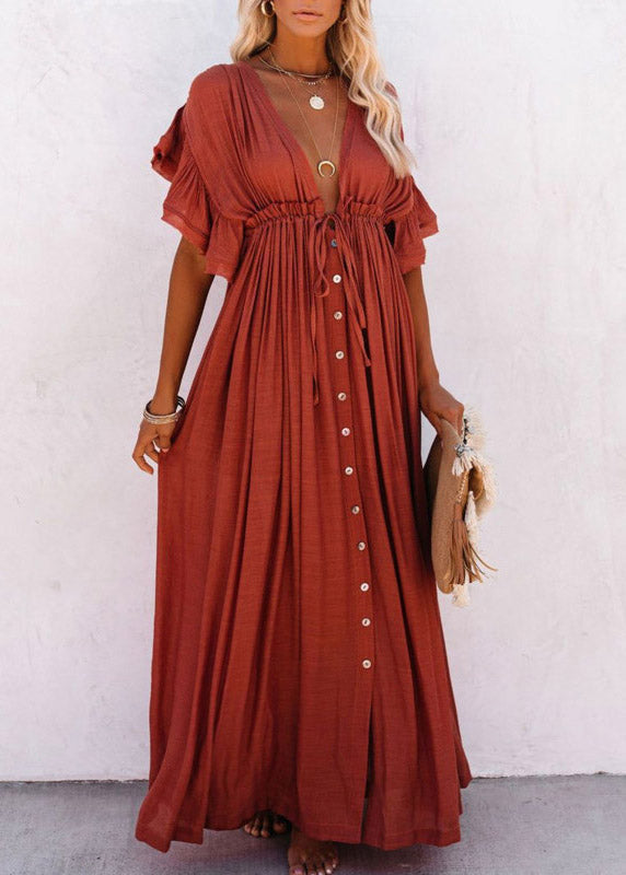 Red-flower V Neck Button Maxi Dresses Short Sleeve