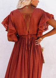 Red V Neck Button Maxi Dresses Short Sleeve