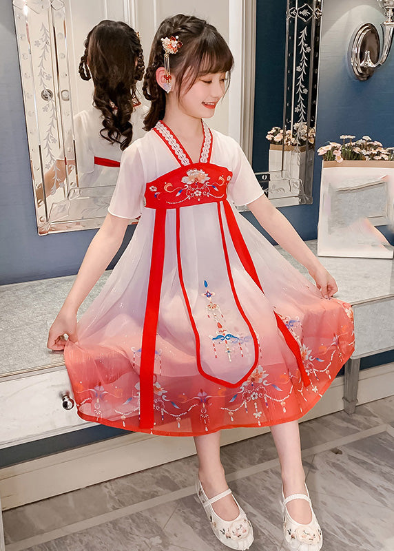 Red V Neck Lace Patchwork Tulle Kids Holiday Maxi Dress Short Sleeve