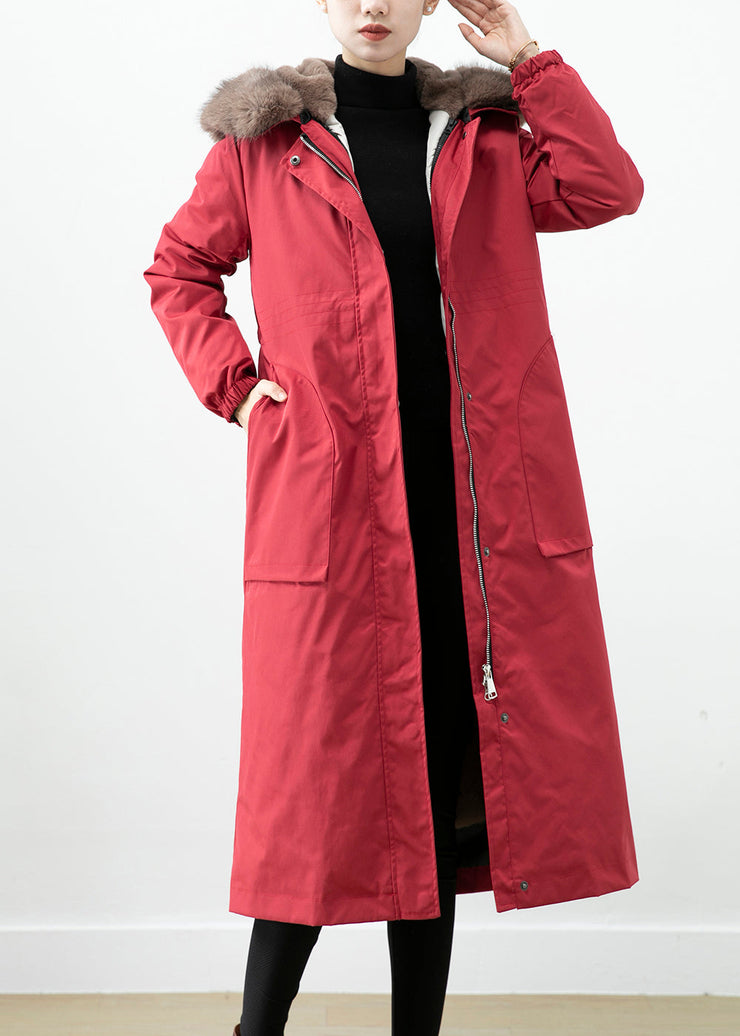 Red Warm Otter Rabbit Hair Lined Women Coats Fox Collar Witner