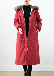 Red Warm Otter Rabbit Hair Lined Women Coats Fox Collar Witner