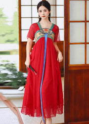 Red Wrinkled Patchwork Chiffon Long Dress Embroideried Short Sleeve