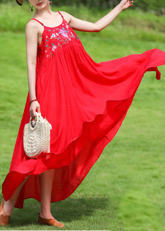 Red Wrinkled Patchwork Cotton Spaghetti Strap Dress Embroideried Sleeveless