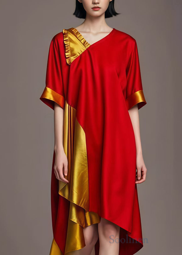 Red Yellow Patchwork Cotton Long Dresses Asymmetrical Summer