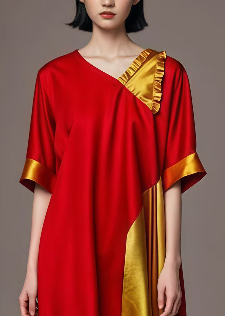 Red Yellow Patchwork Cotton Long Dresses Asymmetrical Summer