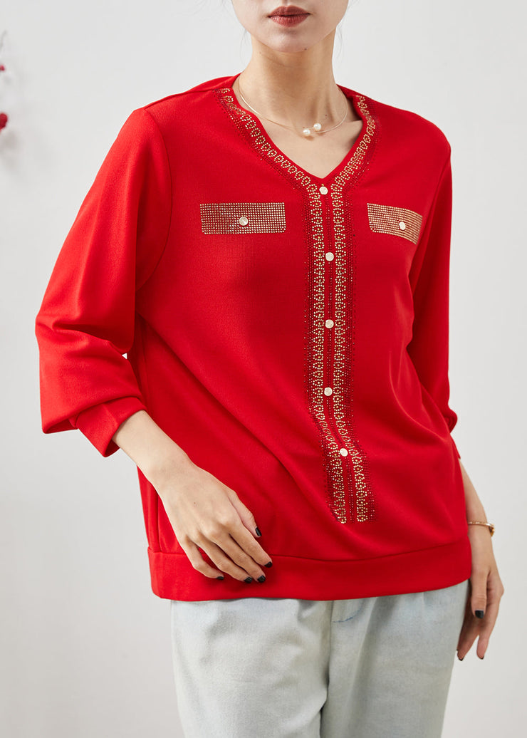 Red Zircon Cotton Tops V Neck Spring