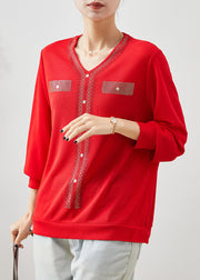 Red Zircon Cotton Tops V Neck Spring