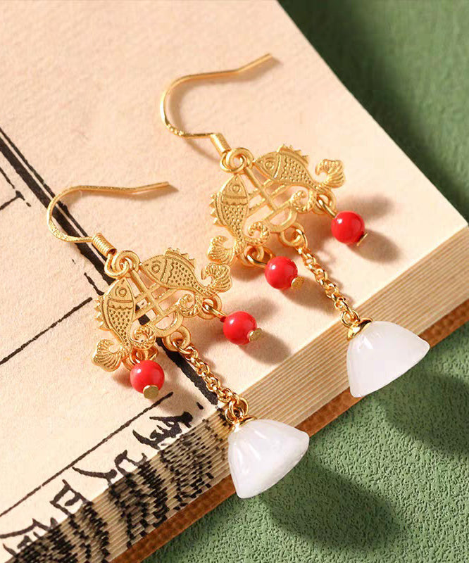 Regular Ancient Gold Inlaid Jade Gem Stone Lotus Flower Tassel Drop Earrings