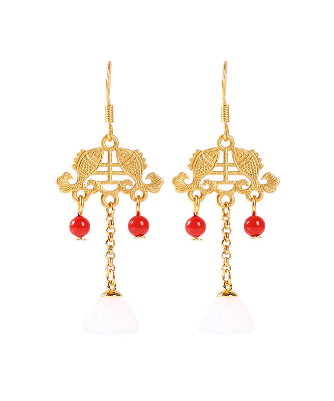 Regular Ancient Gold Inlaid Jade Gem Stone Lotus Flower Tassel Drop Earrings