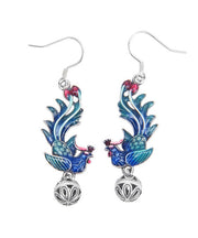 Regular Blue Sterling Silver Cloisonne Phoenix Drop Earrings