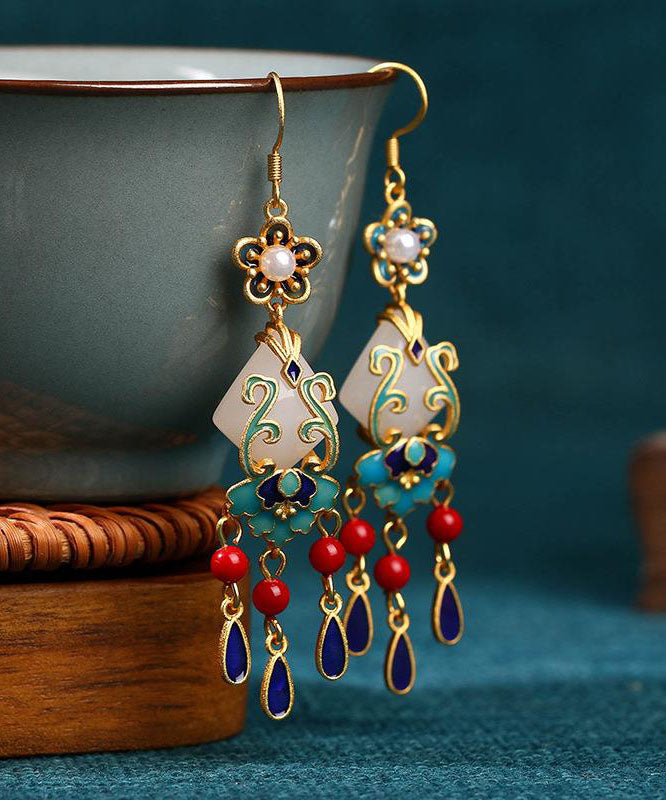 Regular Colorblock Copper Overgild Inlaid Gem Stone Jade Water Drop Drop Earrings