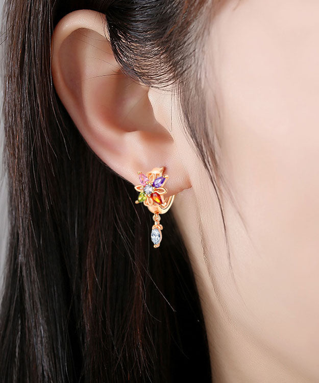 Regular Gold Alloy Crystal Zircon Floral Tassel Drop Earrings