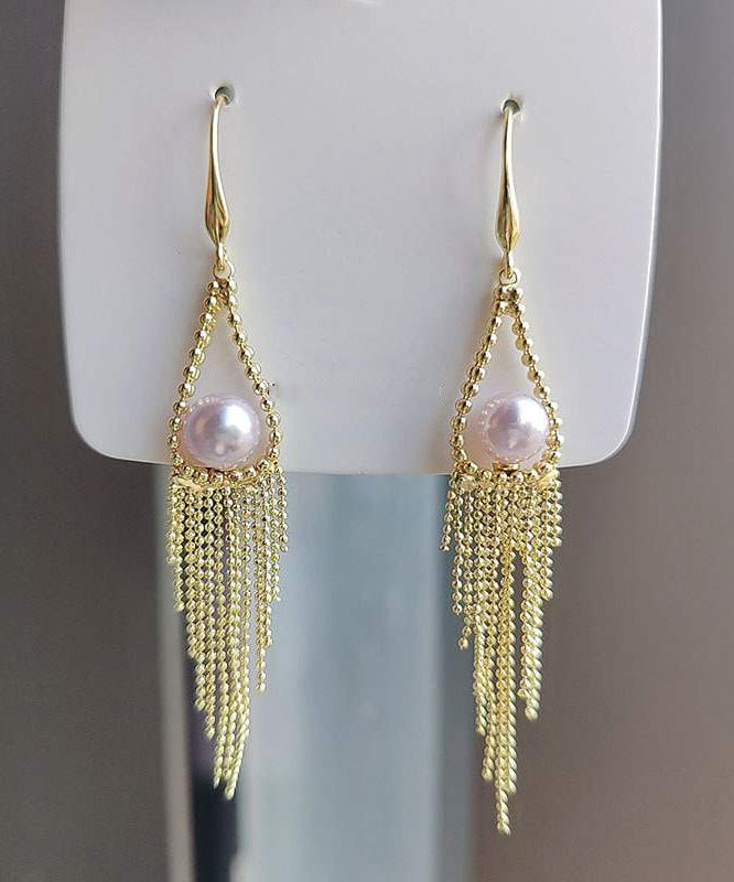 Regular Gold Alloy Pearl Tassel Drop Earrings