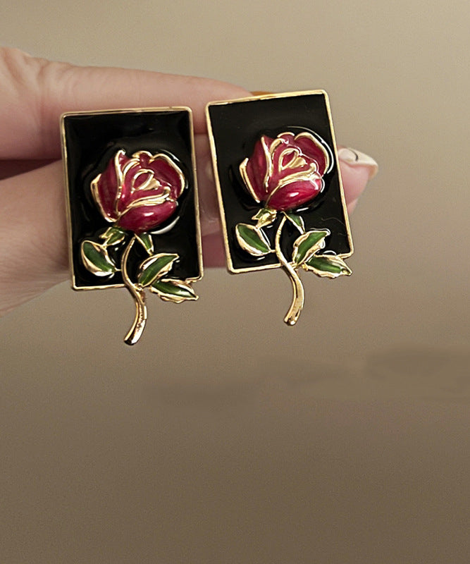 Regular Gold Sterling Silver Overgild Rose Drip glaze Stud Earring