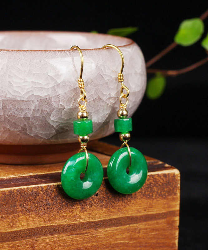 Regular Green Silver Overgild Jade Safety Buckle Drop Earrings