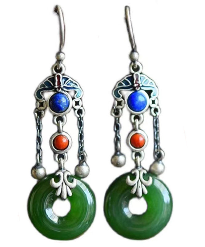 Regular Green Sterling Silver Agate Jade Cloisnne Xiangyun Tassel Drop Earrings