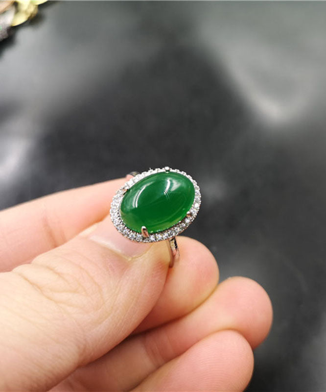 Regular Green Sterling Silver Inlaid Zircon Agate Rings